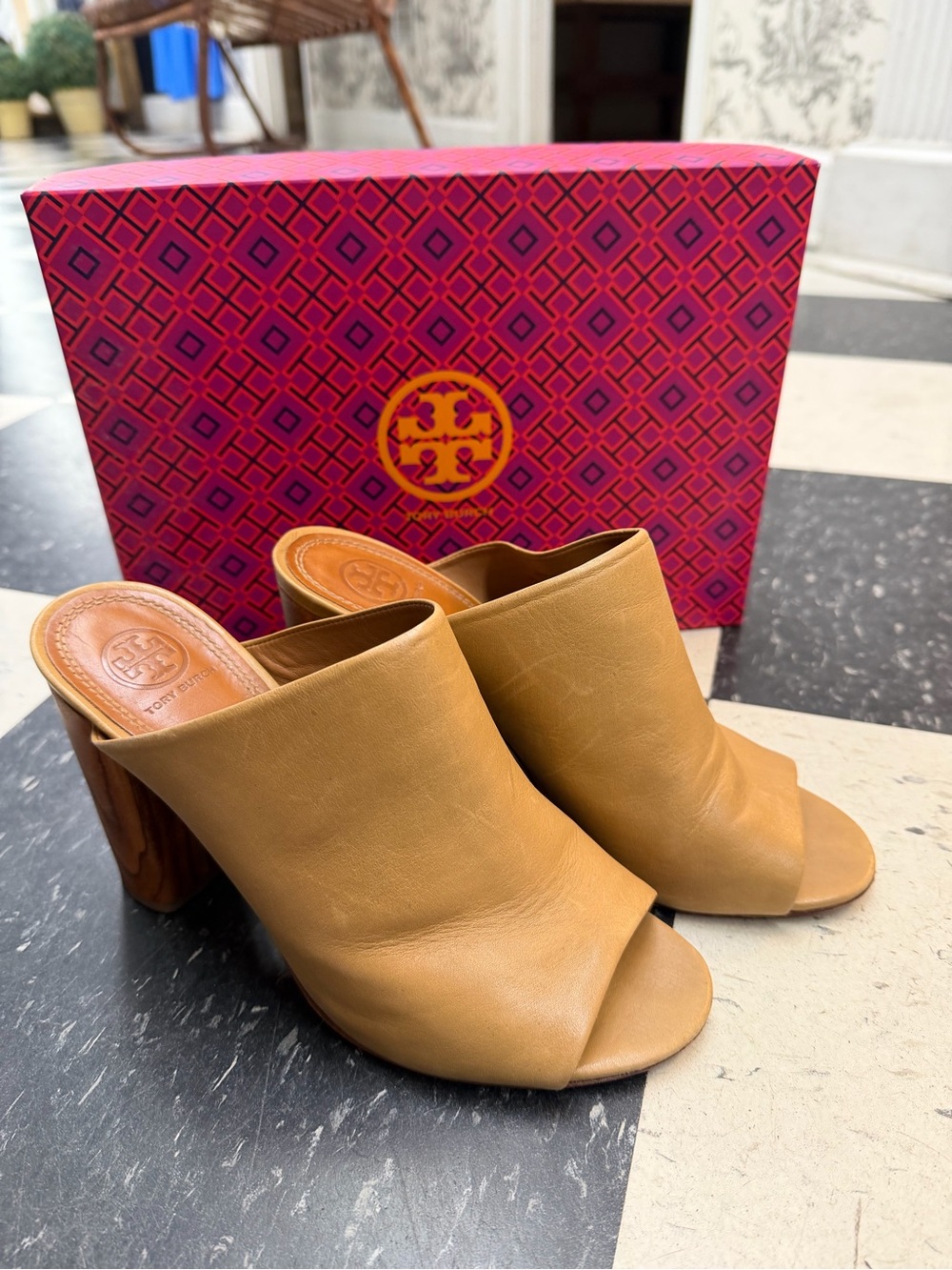 Tory Burch Camel Tan Leather Open-Toe Block Heel Mules
